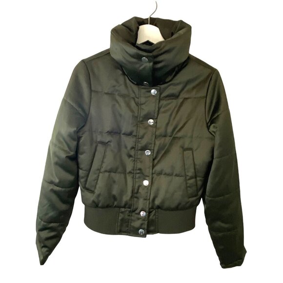 Maralyn & Me Cropped Puffer‎ Bomber Jacket Shiny Olive Sz S Silky Soft Cozy - Picture 3 of 11